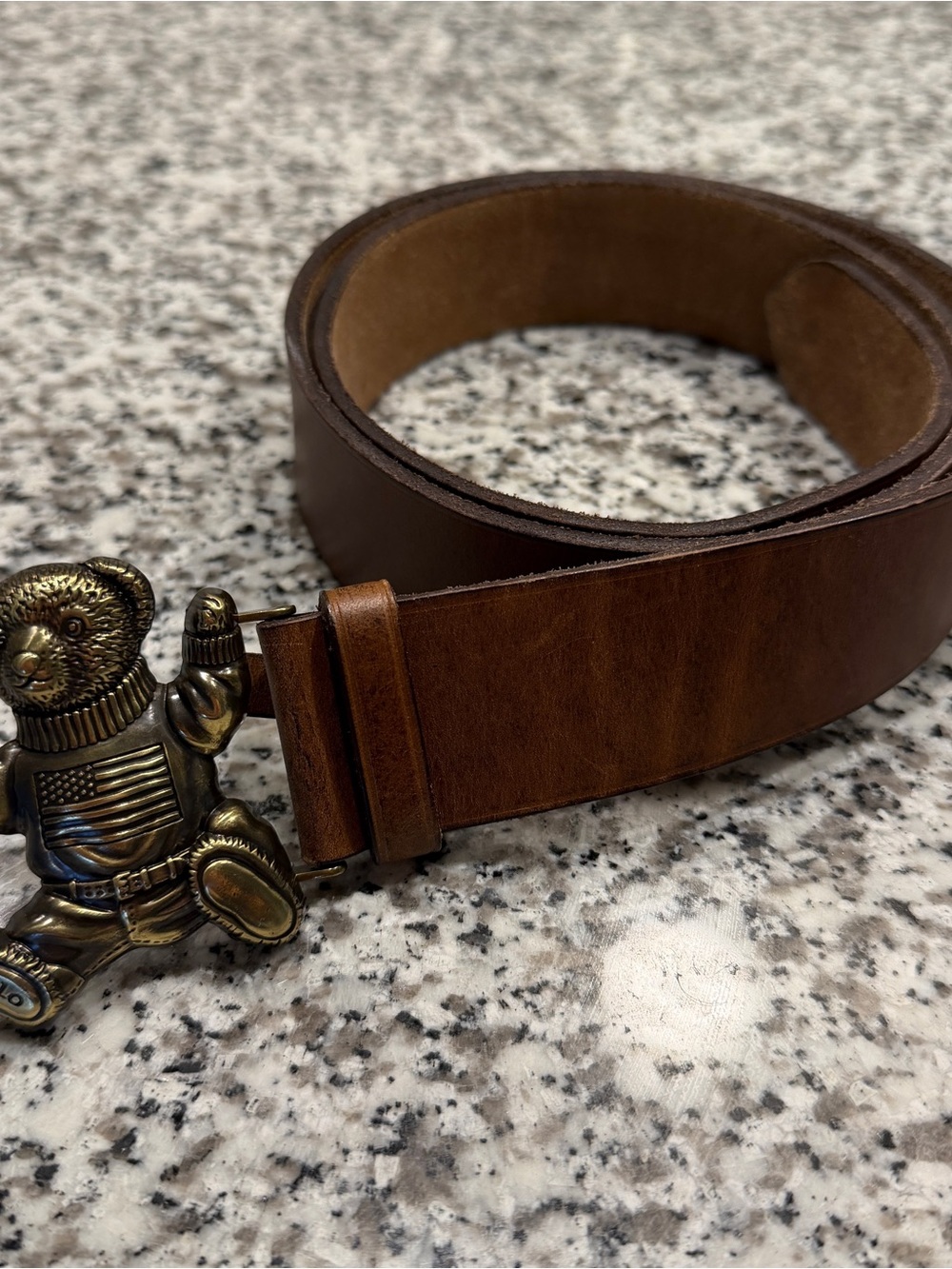 Polo Ralph Lauren Bear Brown Leather Belt Bear Buckle Mens 36